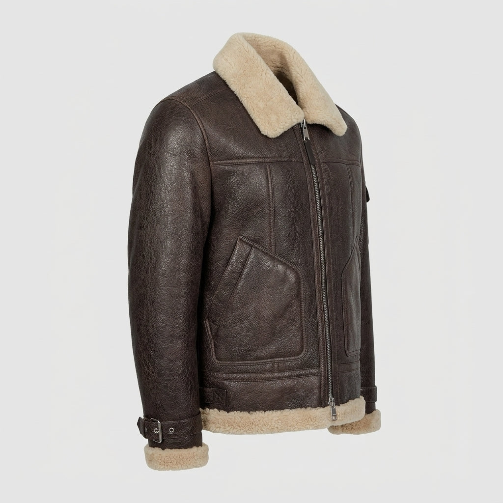 left side view of shearling jacket