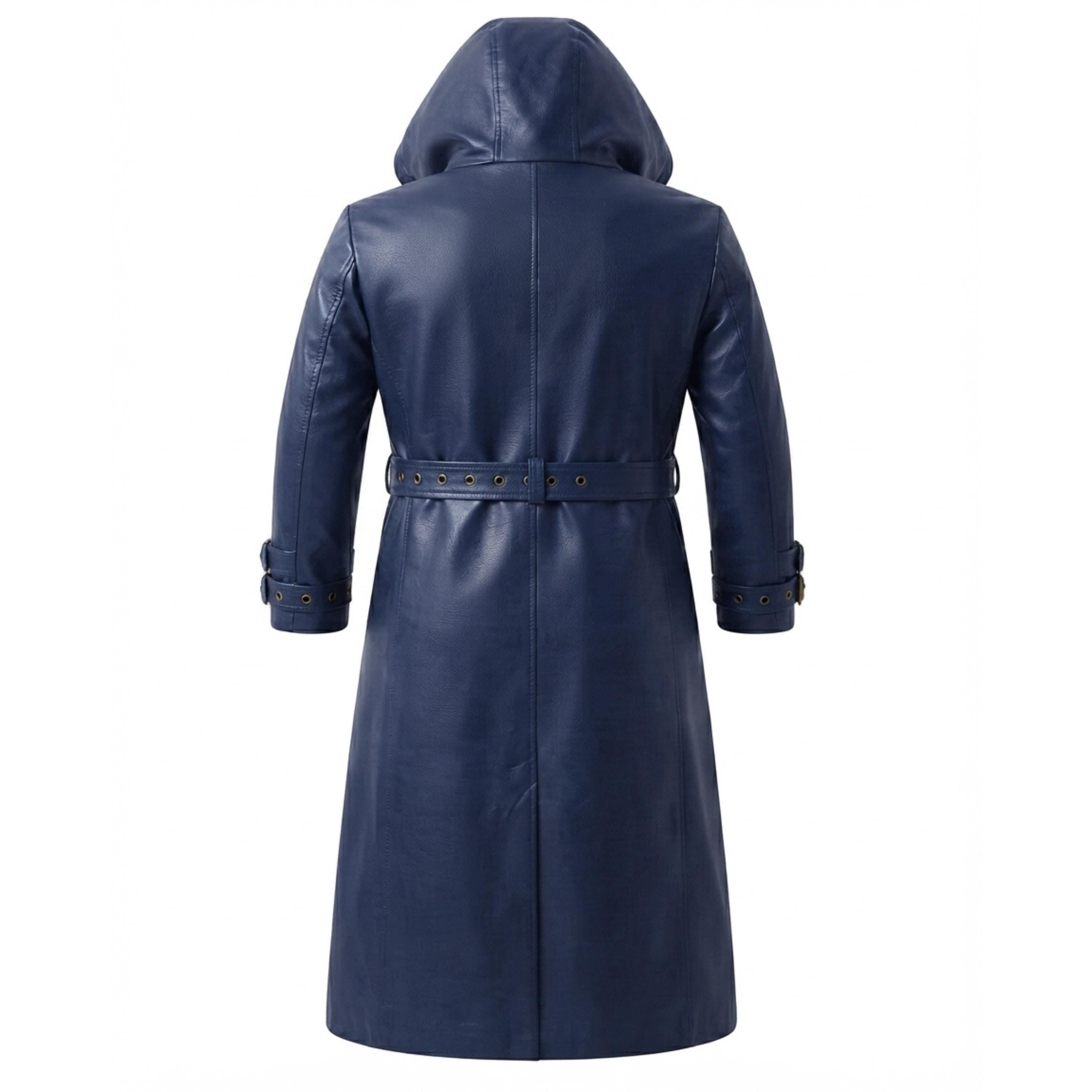 A navy blue hooded trench coat with a matching waist belt and metal snap studs, shown from the back on a plain white background.