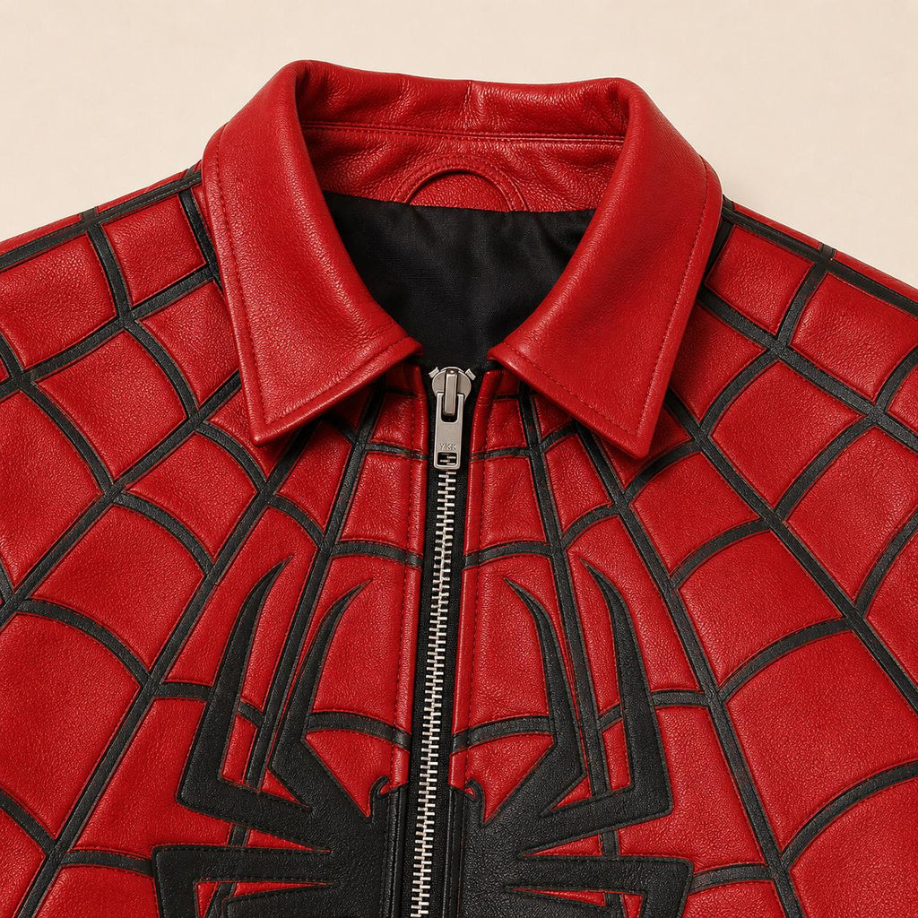 YKK zipper, pointed collar and web appliqué detail