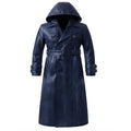 A dark navy blue leather hooded trench coat with a matching belt and buckle, displayed on a clean white background.
