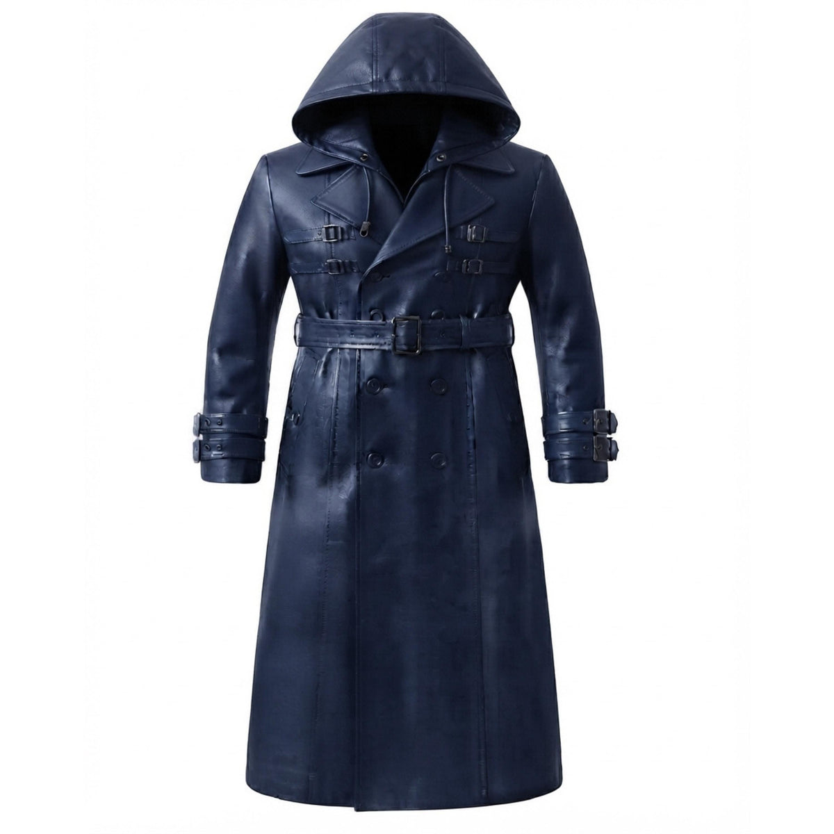 A dark navy blue leather hooded trench coat with a matching belt and buckle, displayed on a clean white background.