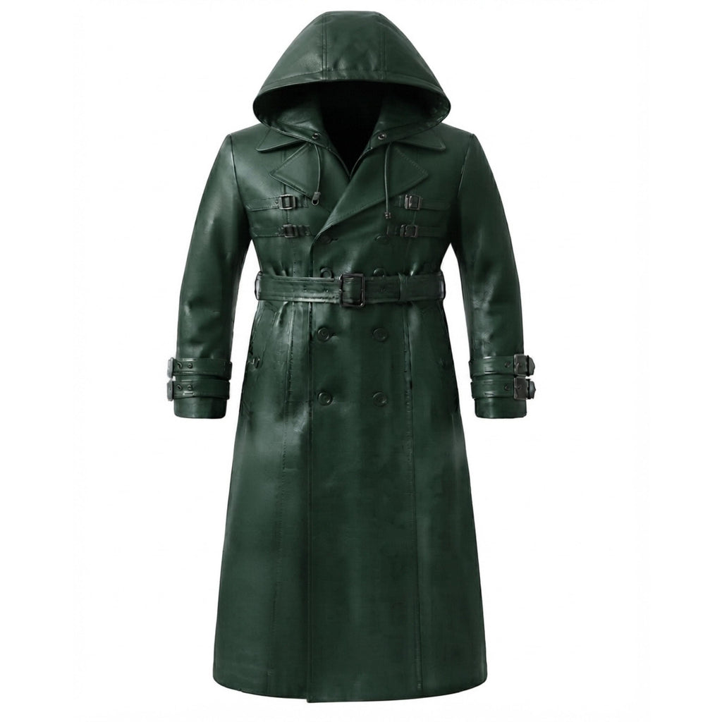 A dark green leather hooded trench coat with a matching waist belt and buckle details, displayed on a solid white background.