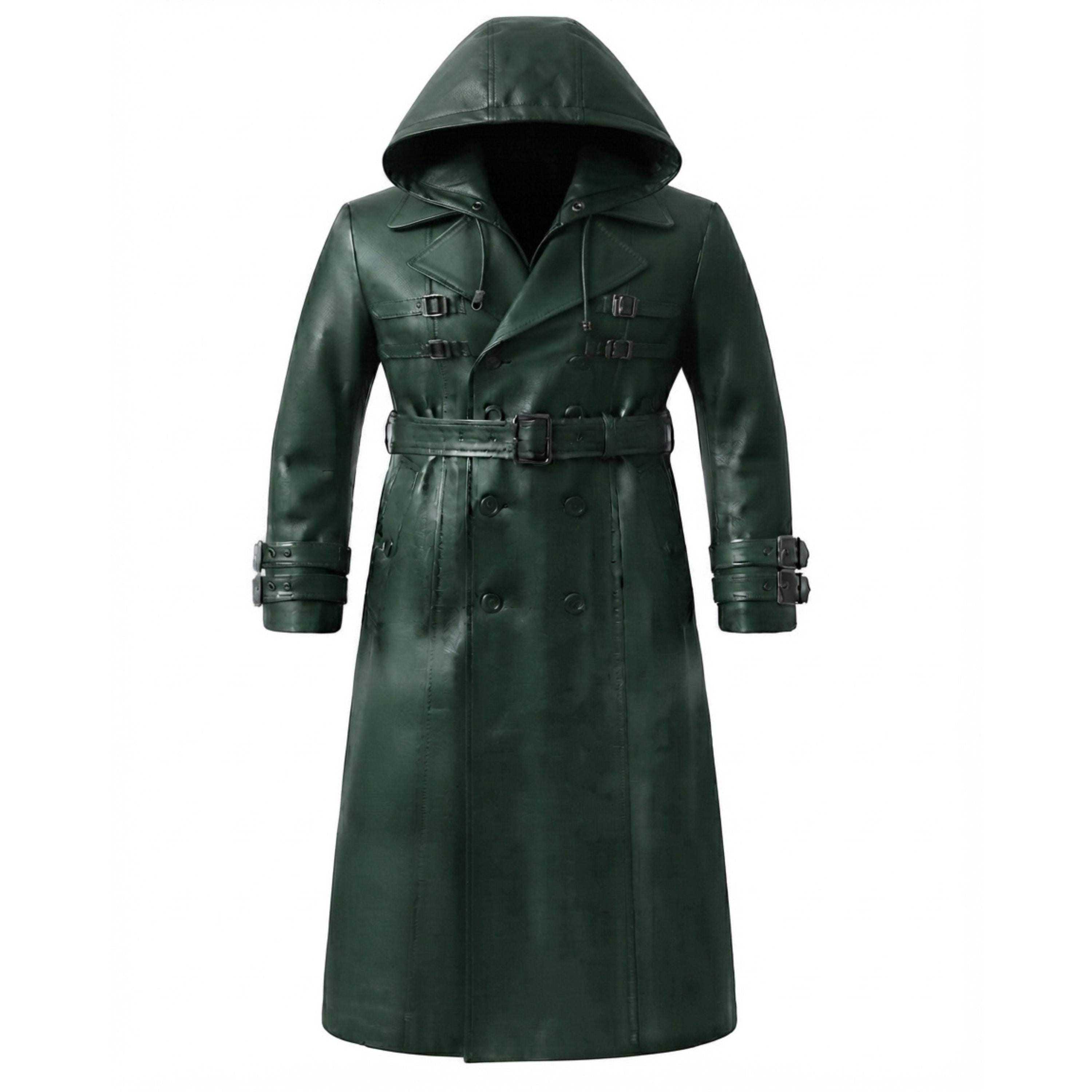 A dark green leather hooded trench coat with a matching waist belt and buckle details, displayed on a solid white background.