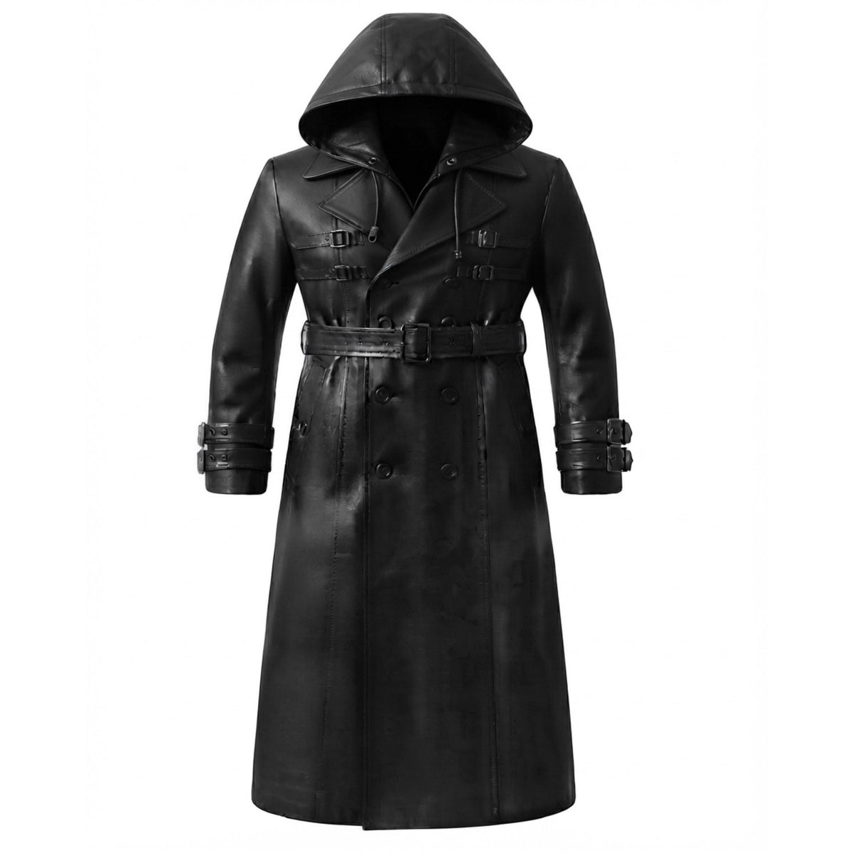 A black hooded trench coat with a matching belt, shown on a plain white background.