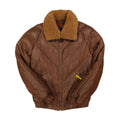 A brown leather bomber jacket with a thick tan shearling-style collar, featuring a front zipper, diagonal quilted stitching, and elastic cuffs and hem.
