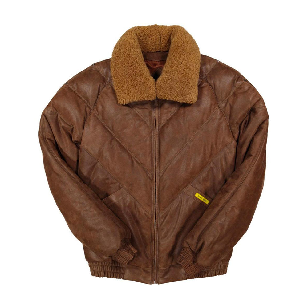 A brown leather bomber jacket with a thick tan shearling-style collar, featuring a front zipper, diagonal quilted stitching, and elastic cuffs and hem.