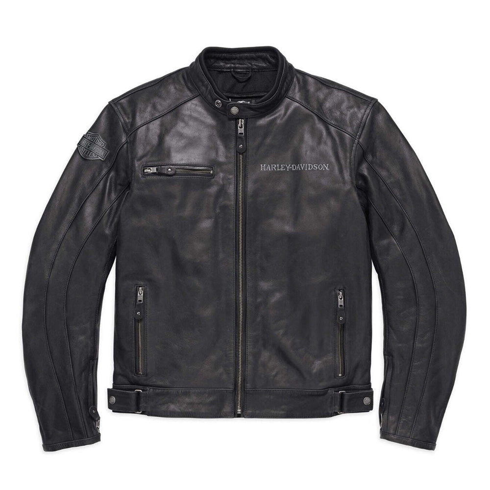 Men’s distressed black Harley-Davidson buffalo leather jacket front view