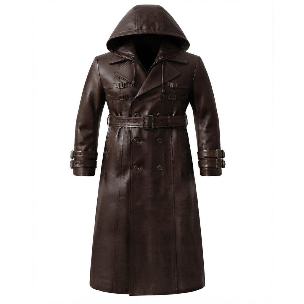 A dark brown leather hooded trench coat with a matching belt and buckle details, displayed on a solid white background.