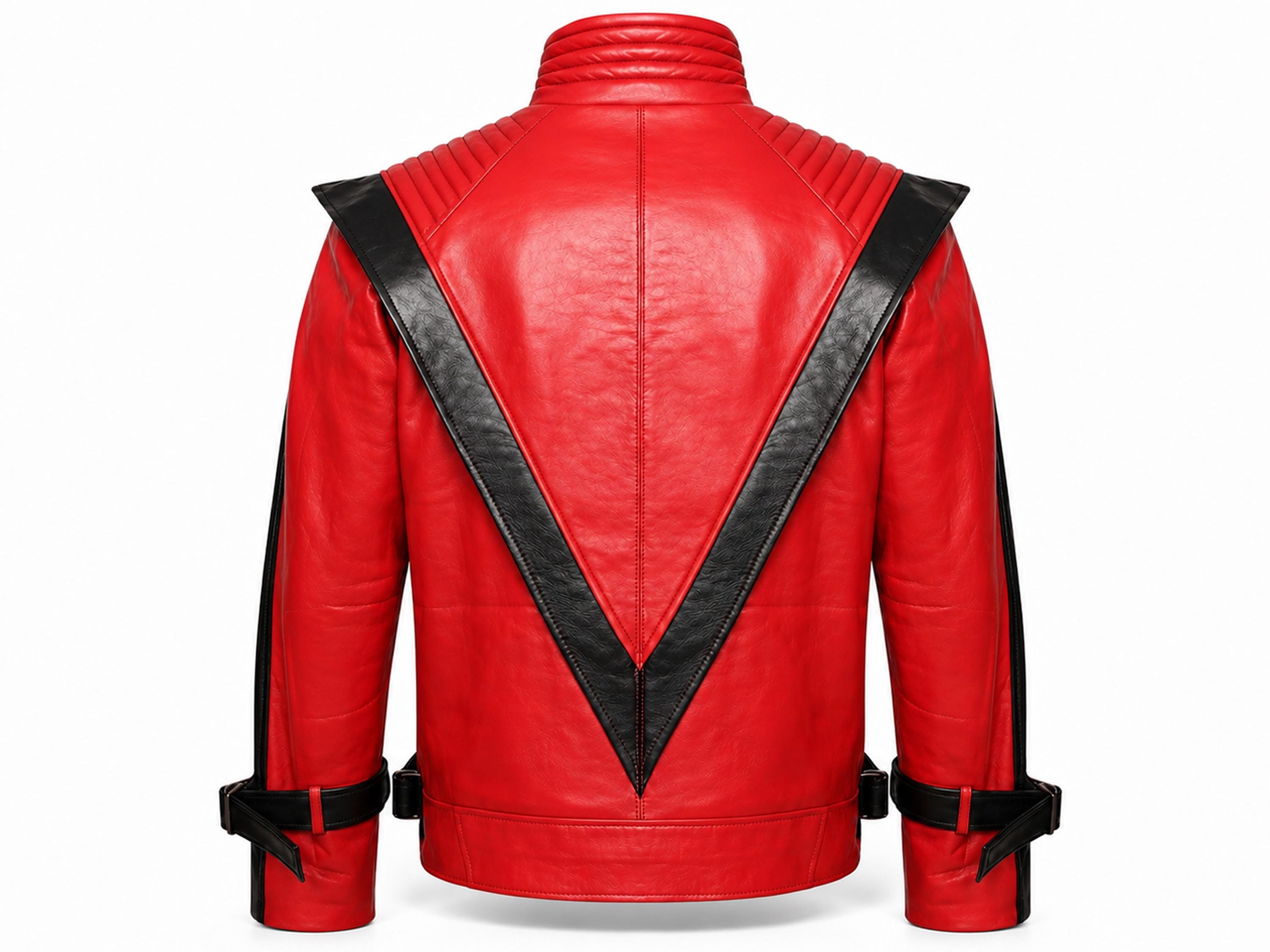Rear view of red Thriller jacket with black leather chevron
