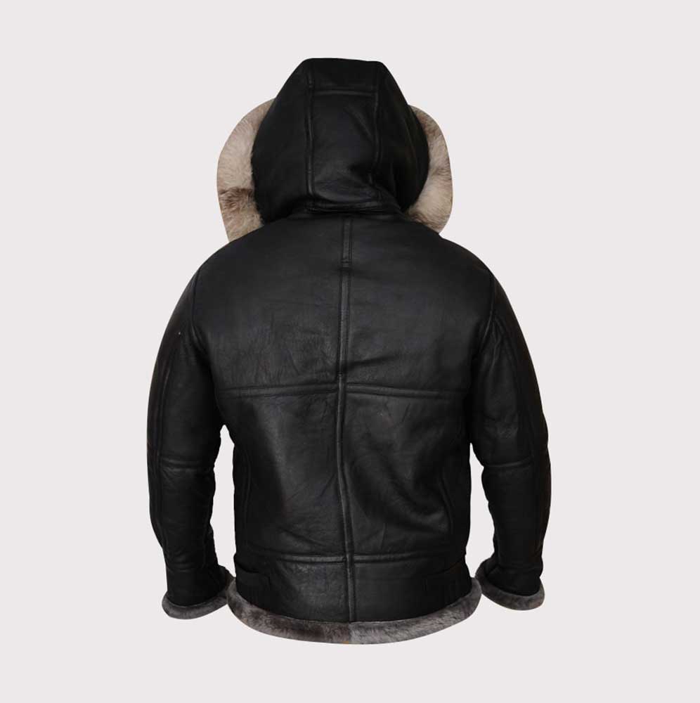 Black leather hooded jacket shown from the back, featuring a thick beige shearling-style lining visible around the hood and hem, on a light gray background.