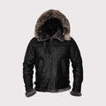 A black leather hooded jacket with a thick brown and gray fur trimmed hood, black leather body, zippered front, and ribbed cuffs and hem, shown on a light gray background.