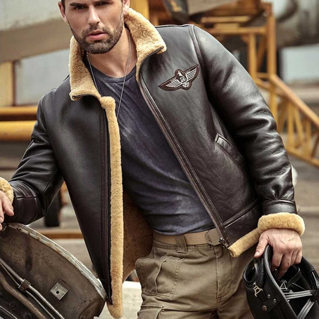 front view of shearling leather jacket with patch details
