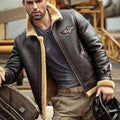 front view of shearling leather jacket with patch details
