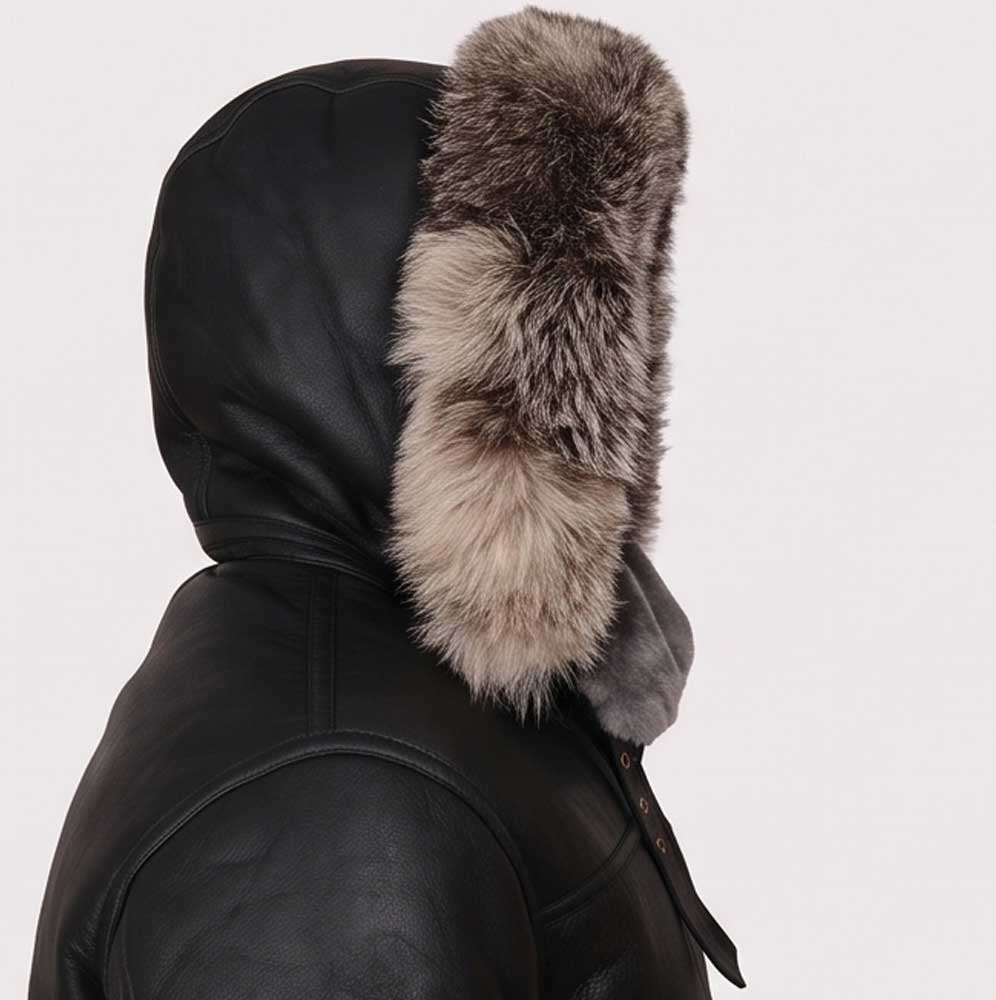 A close-up side view of a black leather hooded jacket featuring a large, fluffy fur ear warmer in shades of gray, brown, and beige.