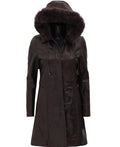 Dark Brown Leather Coat for Women With Removable Fur Hood