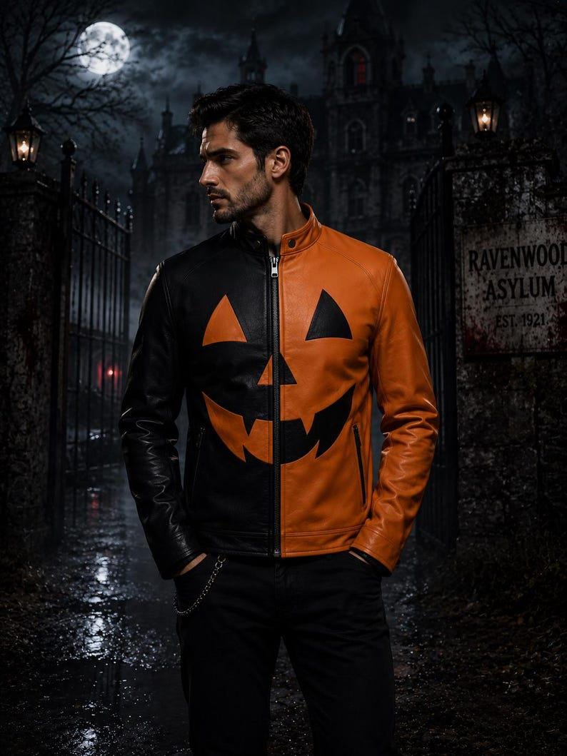 Man wearing a jack-o’-lantern cowhide Halloween jacket at night
