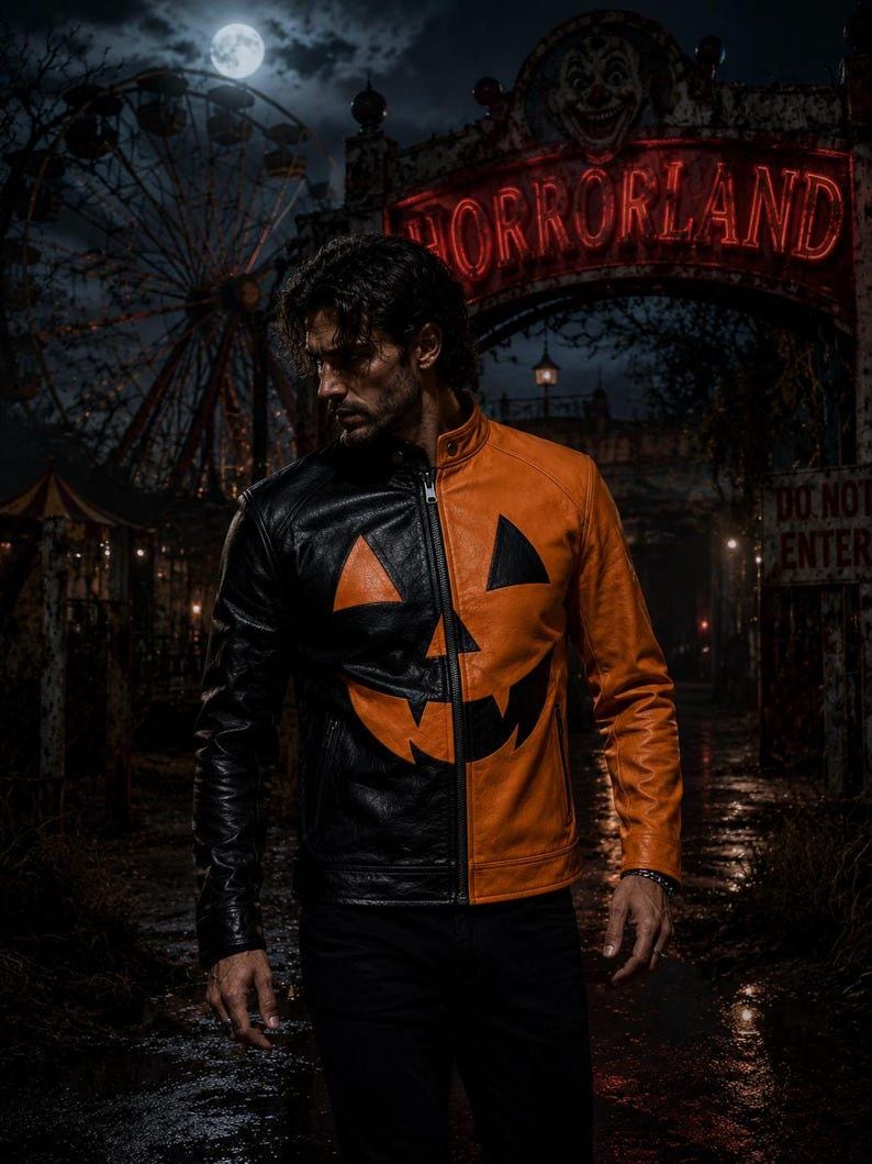 Men’s pumpkin leather costume jacket styled at a Halloween carnival