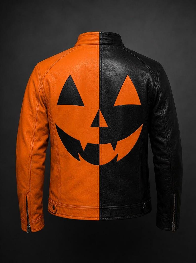 Back view of black and orange pumpkin leather jacket with jack-o’-lantern face