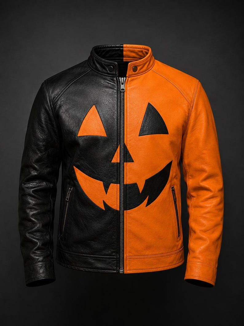 Men’s black and orange pumpkin leather jacket front view