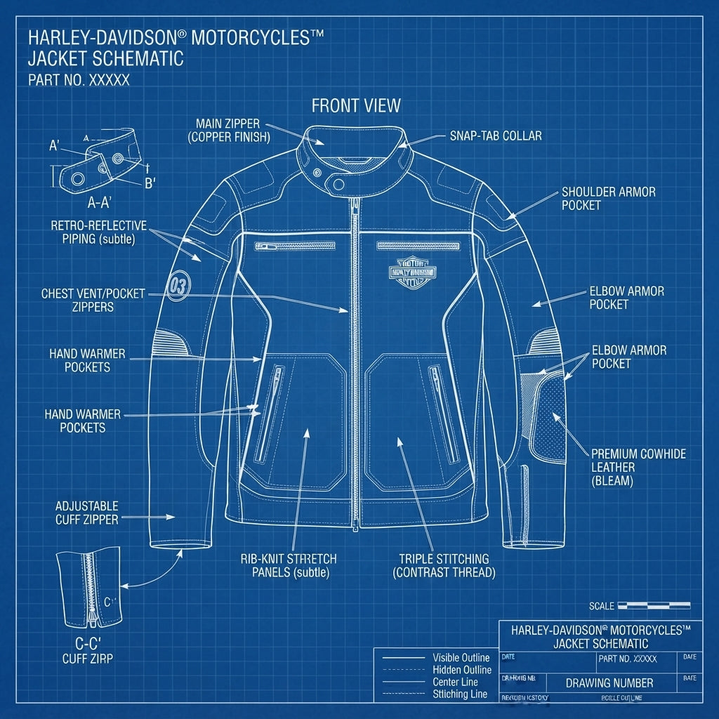 Windale leather jacket schematic showing snap-tab collar and armor pockets