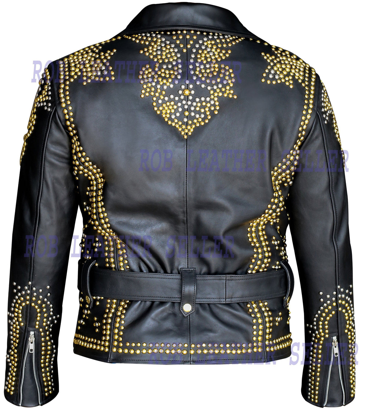Women Leather Jacket Ladies Biker Jacket Golden Pine Studs Design - Shearling leather