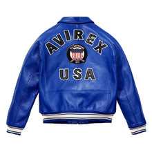 Load image into Gallery viewer, Blue leather jacket with 'Avirex USA' branding on a white background
