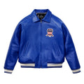 Blue leather jacket with a brand logo on a white background