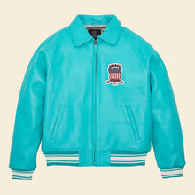 Load image into Gallery viewer, Turquoise jacket with a logo on a beige background
