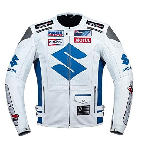 White motorcycle jacket with blue and gray accents featuring Suzuki logos on a white background
