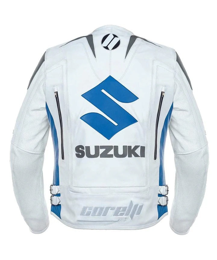 White motorcycle jacket with Suzuki logo on a white background