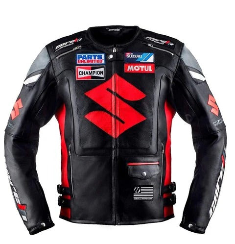 Black and red motorcycle jacket with various brand logos on a white background