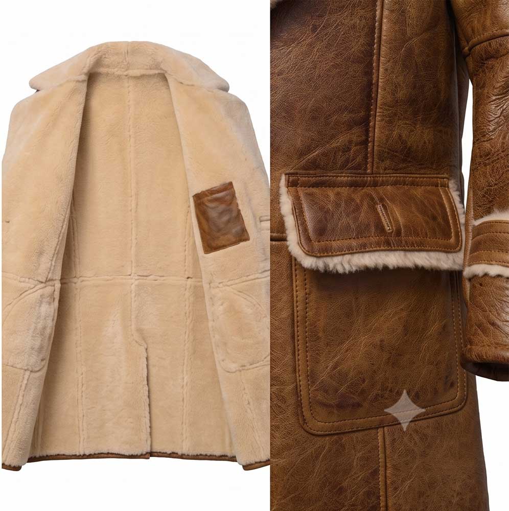 A split view of a brown leather and shearling coat, showing the beige shearling lining on the left and a close-up of the brown leather exterior with shearling trim on the right.