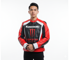 Load image into Gallery viewer, Kawasaki Cowhide Leather Motorcycle Riding Gear Biker Jacket
