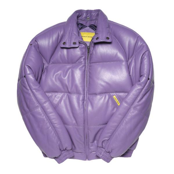 Purple puffer jacket with visible branding on a white background