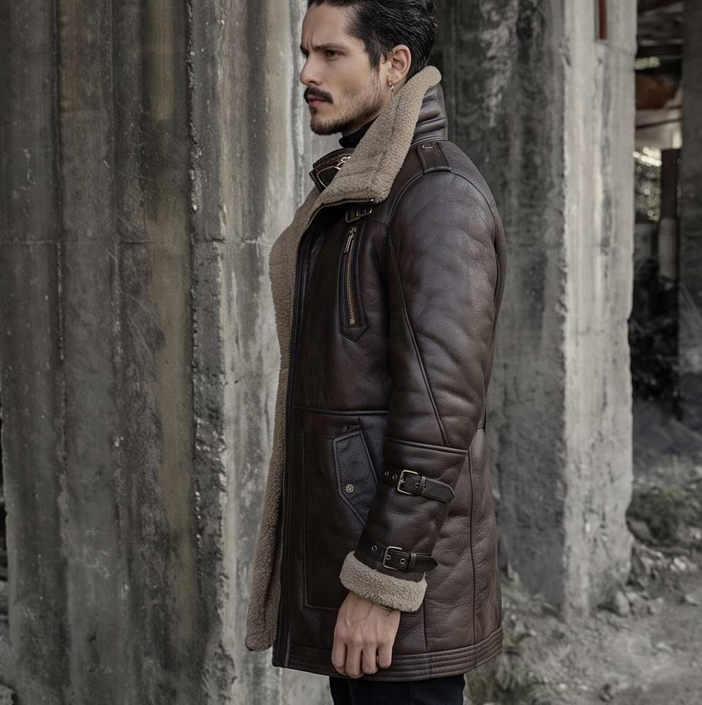 A man wearing a dark brown leather jacket with a beige shearling lining, standing in profile against a weathered concrete wall.