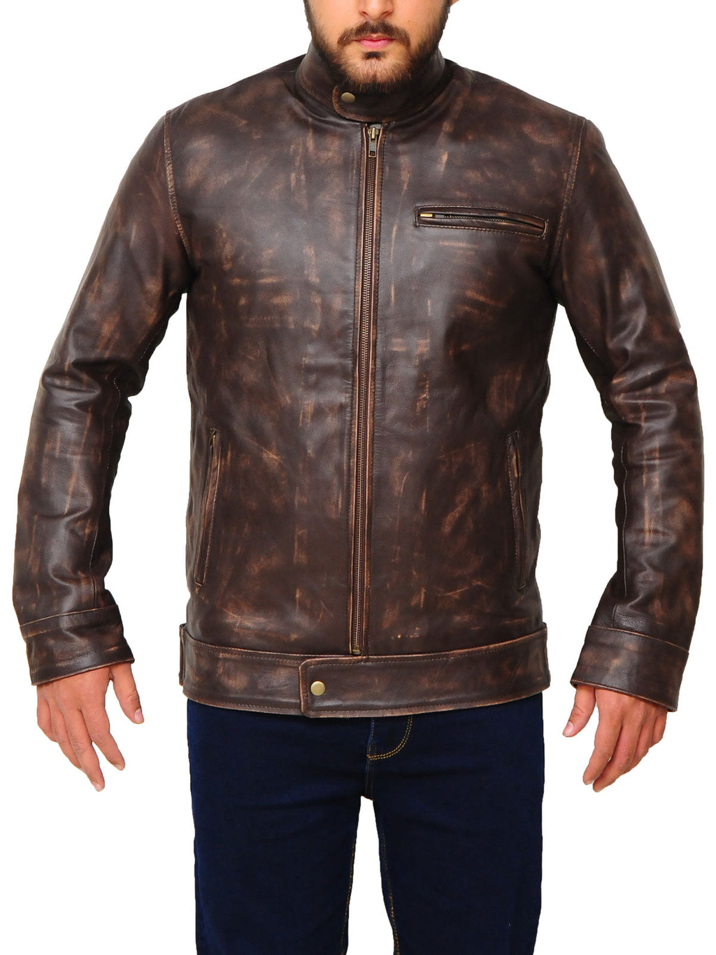Distressed Brown Snap Tab Jacket - Shearling leather