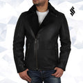 Men's Luxury Aviator Black Leather Shearling Sheepskin Flying Coat - Shearling leather