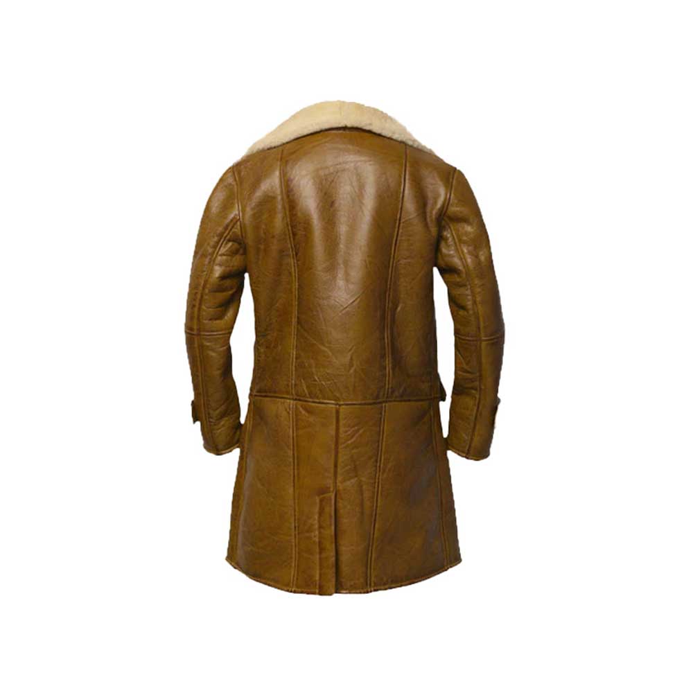 A brown leather aviator-style coat with a cream-colored shearling-style collar, shown from the back on a plain white background.