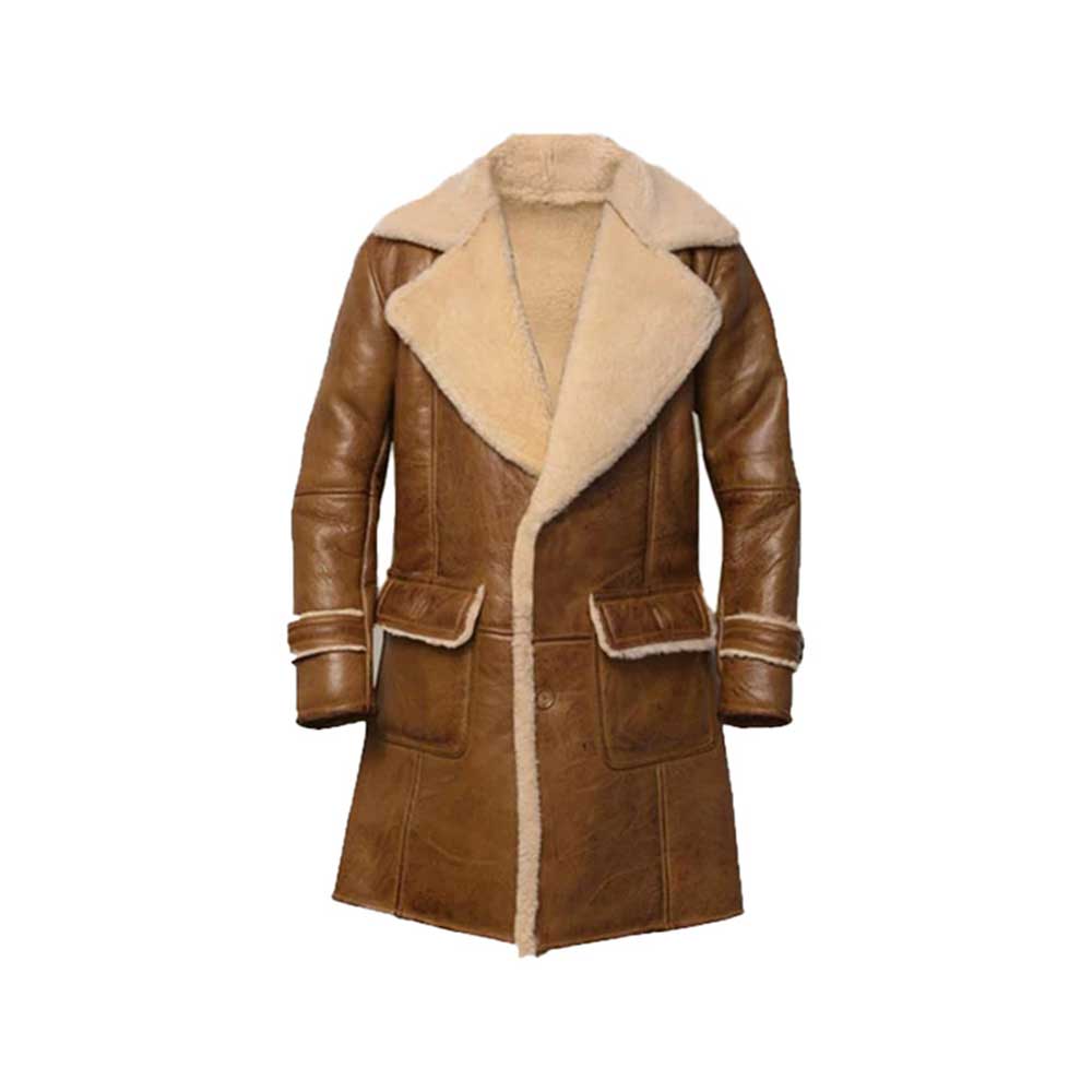 A brown leather shearling coat with a thick beige fleece lining, featuring a wide collar, button front, and large front patch pockets, shown against a plain white background.