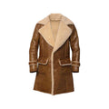 A brown leather shearling coat with a thick beige fleece lining, featuring a wide collar, button front, and large front patch pockets, shown against a plain white background.