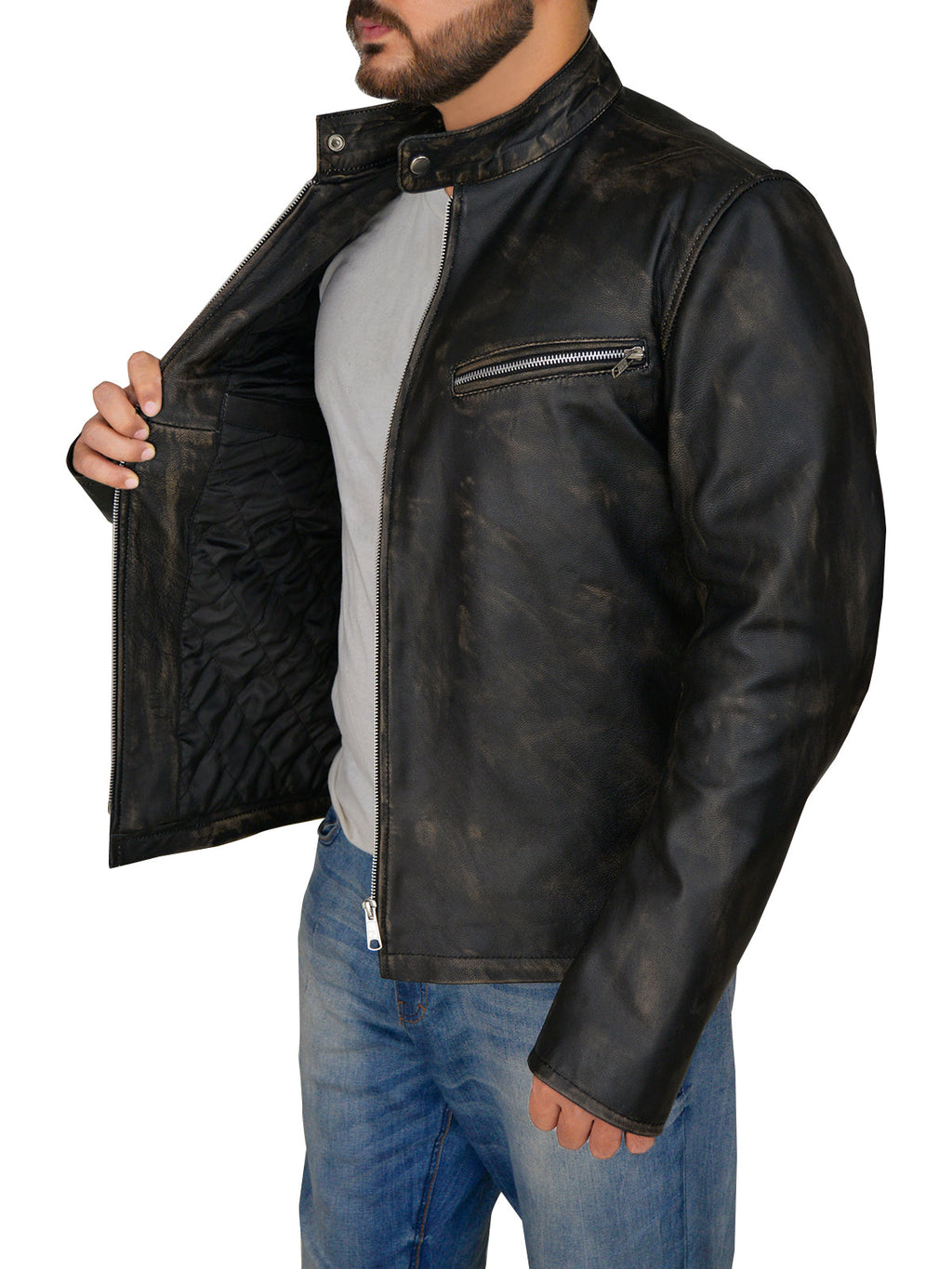 Men Distressed Black Cafe Racer Jacket - Shearling leather