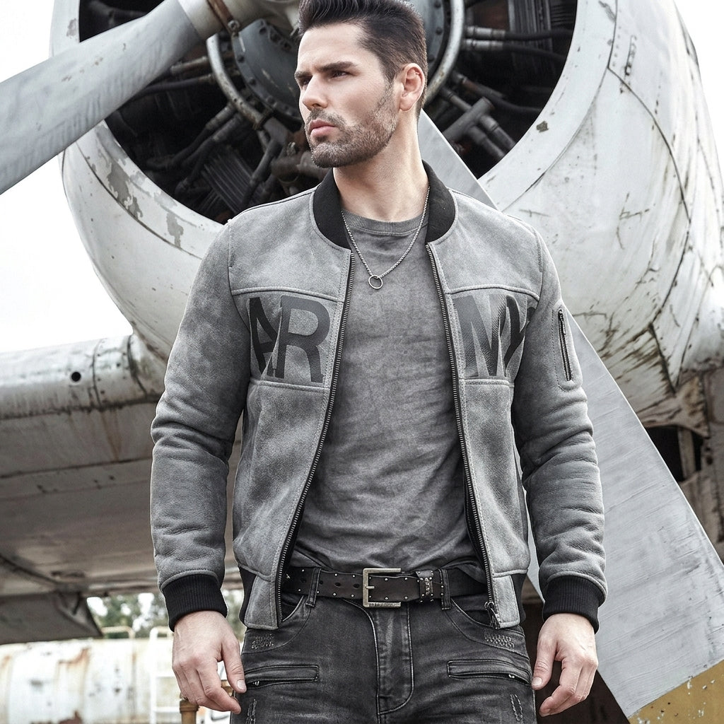 Grey Army bomber jacket with chest print and black collar