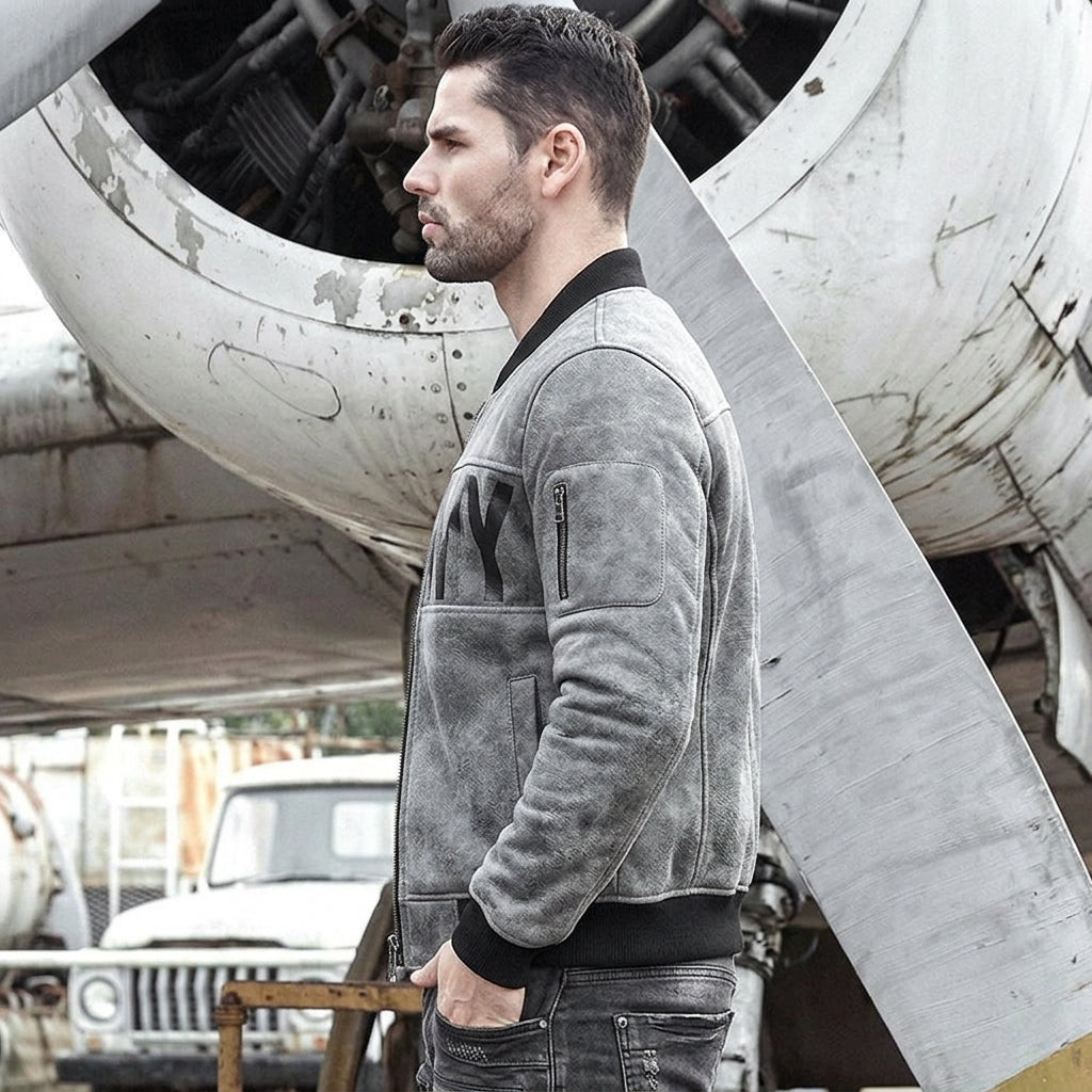 Left sleeve utility pocket on grey sheepskin bomber jacket