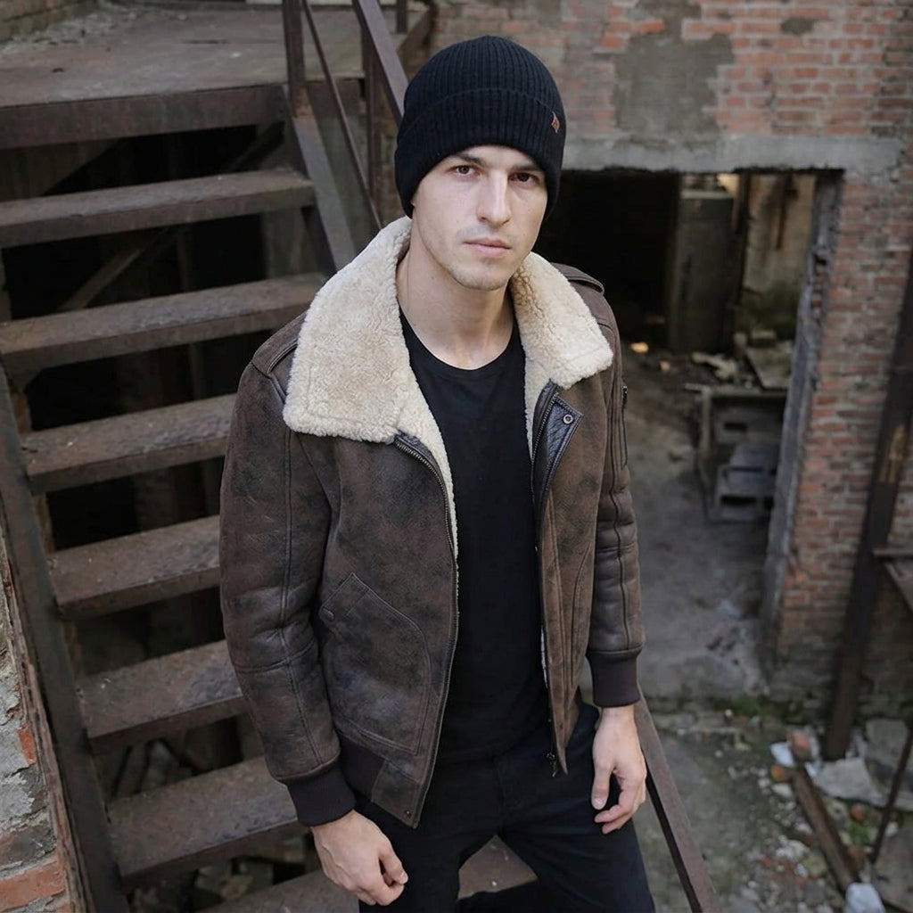 top view of shearling leather jacket

