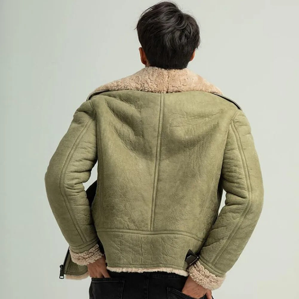 back view of army green shearling leather jacket