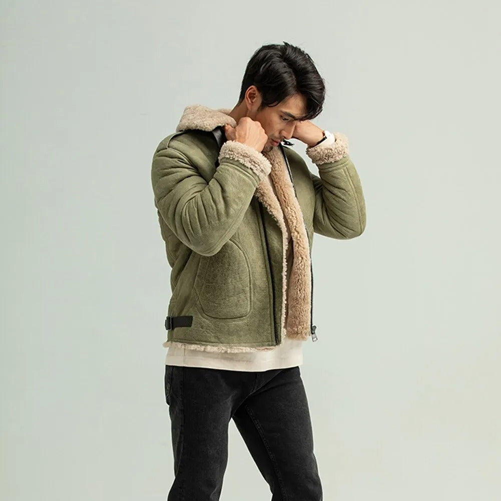 side view of  army green shearling leather jacket
