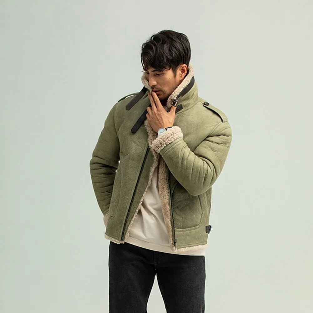men wearing army green shearling leather jacket