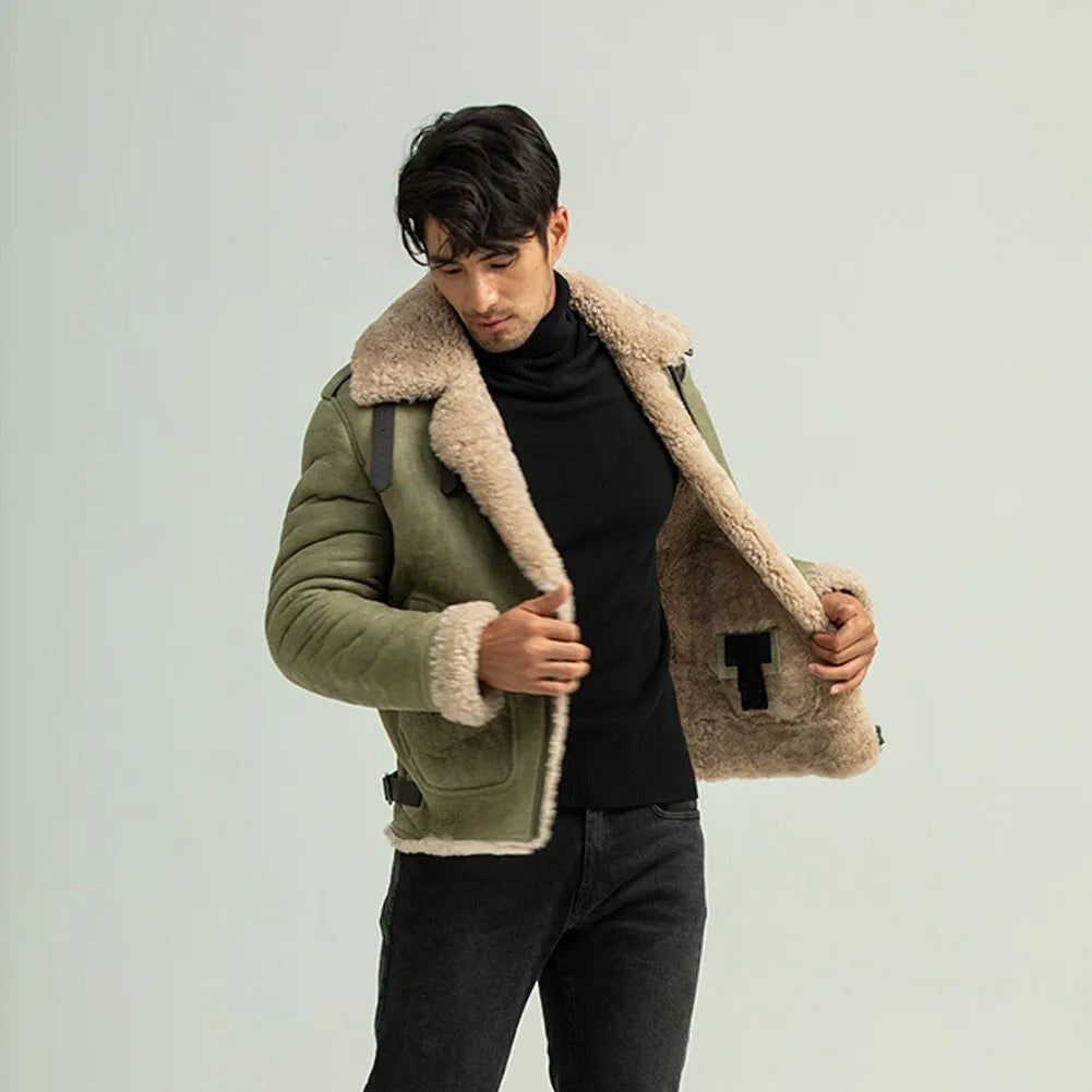 men wearing army green shearling leather jacket