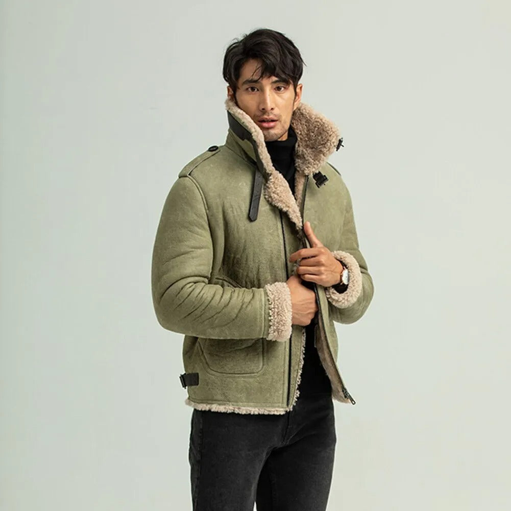 men wearing army green shearling leather jacket