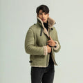 men wearing army green shearling leather jacket